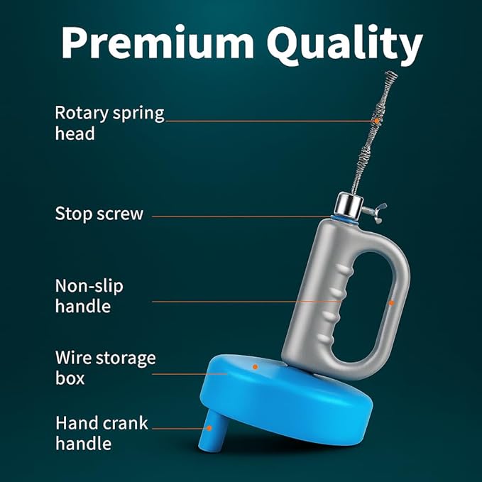 50 FT Drain Snake Hair Drain Clog Remover, Manual Or Powered, Plumbing Snake With Drill Adapte,Unclog Sink Drain Tool, Drain Auger for Toilet、Shower、Kitchen、Sink, No Auto Retract Or Feed, Blue
