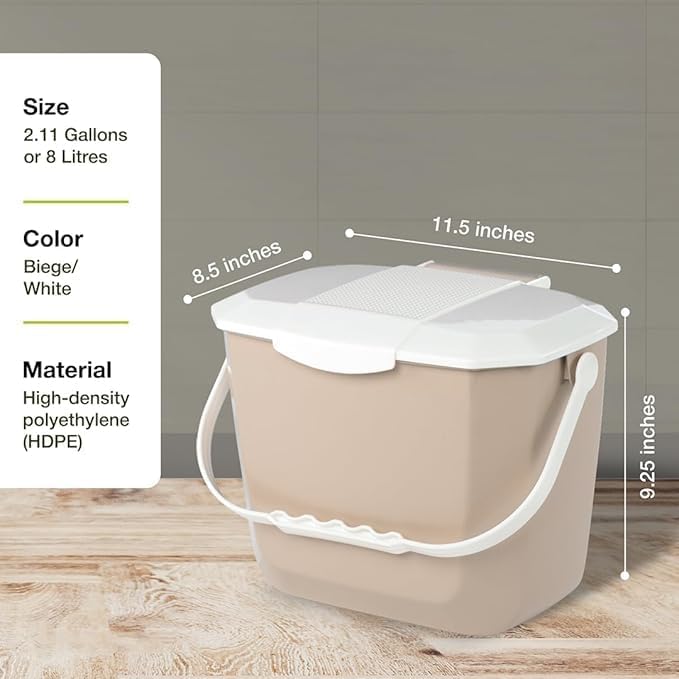 Nova Products Kitchen Compost Bin – 2 Gallon (8L) Countertop Food Waste Container | Ergonomic Handle | Beige Base with White Handle | Easy to Clean Design | Made from Durable HDPE