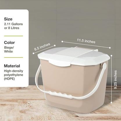 Nova Products Kitchen Compost Bin – 2 Gallon (8L) Countertop Food Waste Container | Ergonomic Handle | Beige Base with White Handle | Easy to Clean Design | Made from Durable HDPE