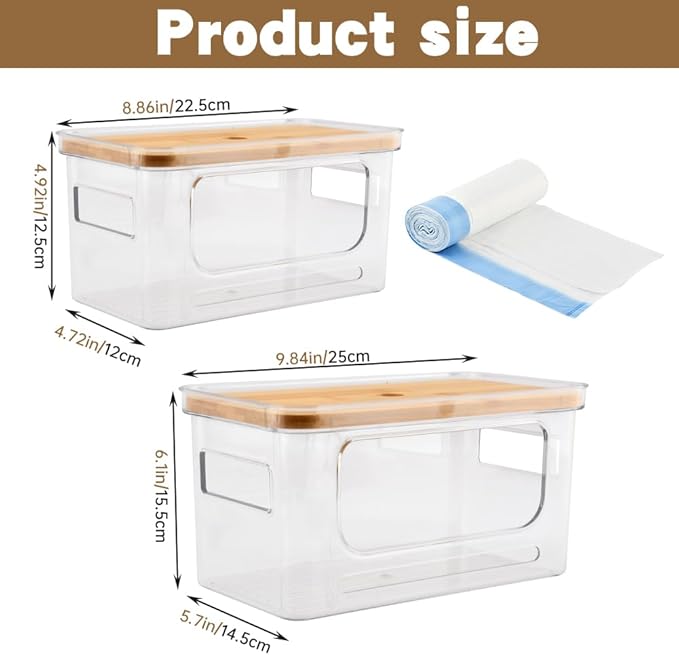 2 Pack Trash Bag Holder with 30 Free Trash Bags, Stackable Under Sink Garbage Bag Storage Dispenser Organizer with Bamboo Lid, Versatile Kitchen Pantry Laundry Room Organization