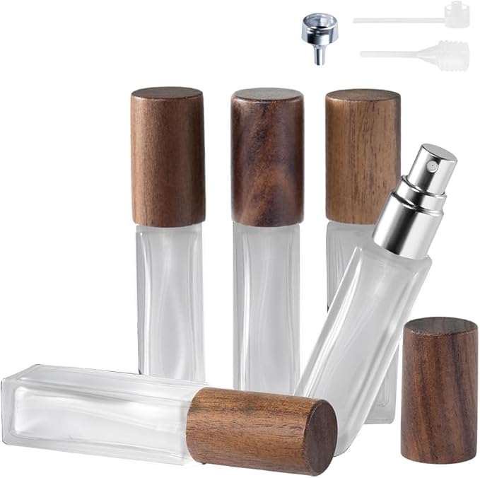 Perfume Atomizer, Glass Perfume Container,Travel Bottle Refillable, Empty Portable Leakproof Frangrance Spray Bottle (Walnut 5pcs 10ml/0.3oz)