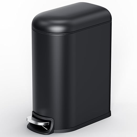 CEROELDA Small Bathroom Trash Can with Lid Soft Close, 5L/1.3 Gallon Stainless Steel Slim Garbage Can, Metal Waste Basket with Step Pedal, for Office, Bedroom, Toilet, Dorm Room (Black, 1.3 Gallon)