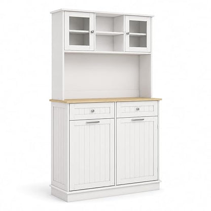 RASOO Trash Can Cabinet 67.7" Tall Kitchen Pantry Storage Sideboard Freestanding Tilt Out Trash Can 10 Gallon Glass Doors with 2 Drawers Microwave Coffe Bar