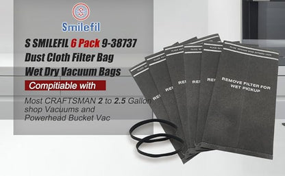6 Pack 9-38737 Dust Cloth Filter Bag Wet Dry Vacuum Bags for Craftsman 2 to 2.5 Gallon Shop Vacuums and Powerhead Bucket Vac, 6 Shop Vacuum Bags With 2 Retaining Bands