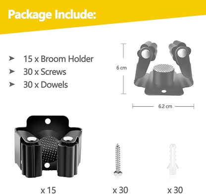 Verdenu 15 Pack Broom Holder Wall Mount, Stainless Steel Mop and Broom Holder with Screws, Garden Tool Storage Organizer for Kitchen, Home, Bathroom, Garage, Black