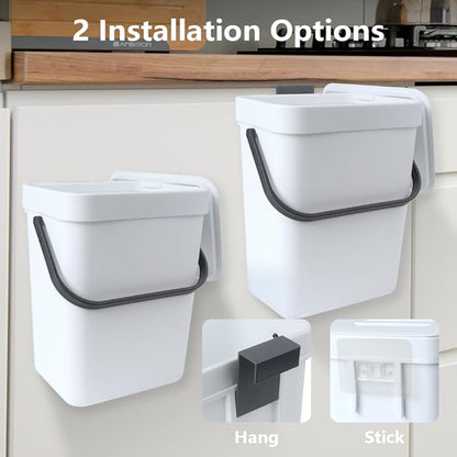 Hanging Small Trash Can with Lid Under Sink for Kitchen, 5 L/ 1.3 Gallons Plastic Waste Basket,Food Waste Bin,Kitchen Compost Bin for Counter Top,Bathroom/Office (White)