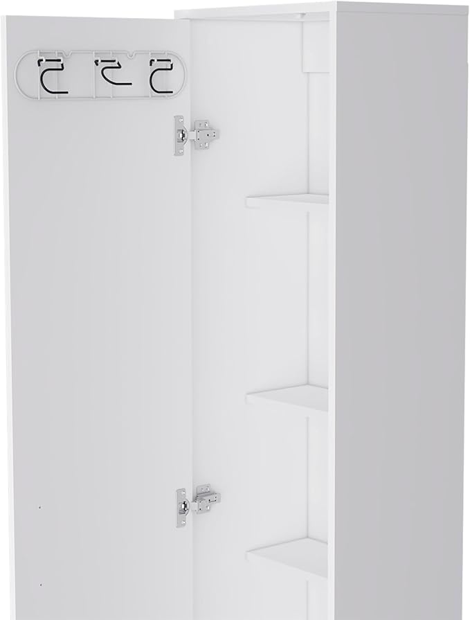 Tall Storage Cabinet Single Door with 3 Broom Hangers White Particle Board 5 Interior Shelves 11 in D x 14.4 in W Ergonomic Freestanding Organizer for Laundry Mudroom Closet
