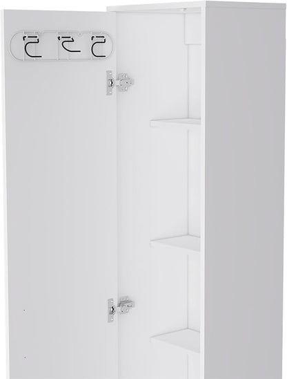 Storage Cabinet, Single Door Freestanding White Cabinet with 3 Broom Hangers & 5 Interior Shelves, Modern Particle Board Melamine Kitchen Organizer, 11.73" D x 15.75" W x 70.87" H
