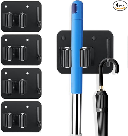 4-Pack Single Mop Holder with A Sturdy Hook. Non-Slip Broom Dustpan Rack, Wall Mount Stainless Steel Storage Hanger with Screws for Garage Bathroom Garden Kitchen, Matte Black.