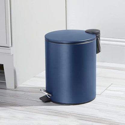mDesign Metal 1.3 Gallon/5 Liter Round Step Trash Wastebasket, Garbage Container Bin with Lid for Bathroom, Powder Room, Bedroom, Kitchen, Craft Room, Office - Removable Liner Bucket - Navy Blue
