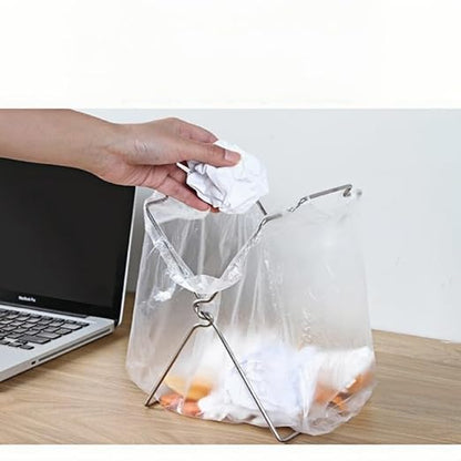 Tabletop Trash Bag Holder-Folding Stainless Steel Trash Bag Holder 11" Garbage Storage Metal Bracket for Countertop,Kitchen,Waste,Living Room,Dining Room,Bar Counter,Indoor Outdoor (Sliver)