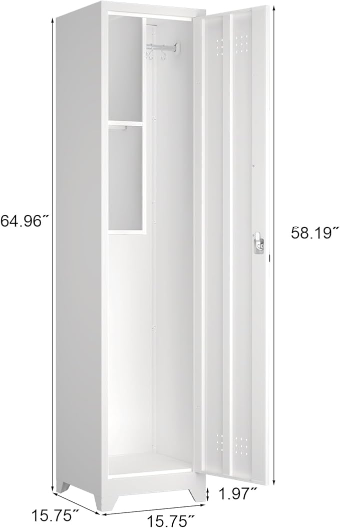 65" Metal Broom Storage Cabinet with Lock, Slim Freestanding Broom Closet Organizer with Adjustable Shelves and Hooks White Tall Utility Cabinet for Mop Broom Small Vacuum Garage Laundry Room