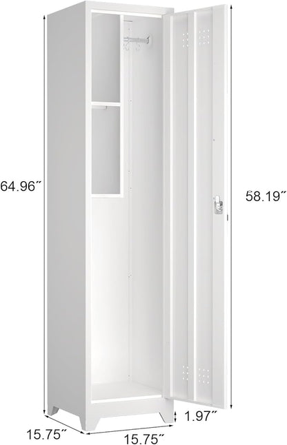 65" Metal Broom Storage Cabinet with Lock, Slim Freestanding Broom Closet Organizer with Adjustable Shelves and Hooks White Tall Utility Cabinet for Mop Broom Small Vacuum Garage Laundry Room