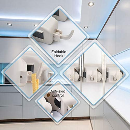 C-CHAIN Mop and Broom Holder, 5 Position with 6 Hooks Garage Storage Holds up to 11 Tools, Multipurpose Wall Mounted Tool Rack Organizer for Kitchen Garage