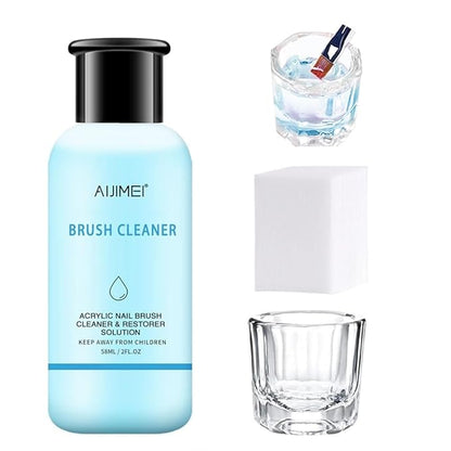 Nail Brush Cleaner Restorer Nail Brush Cleaner Solution Clean Manicure Brushes Set A with Glass Cup & Cleaning Cotton Pads for Nail Art Gel Polish Painting Brushes 58ml