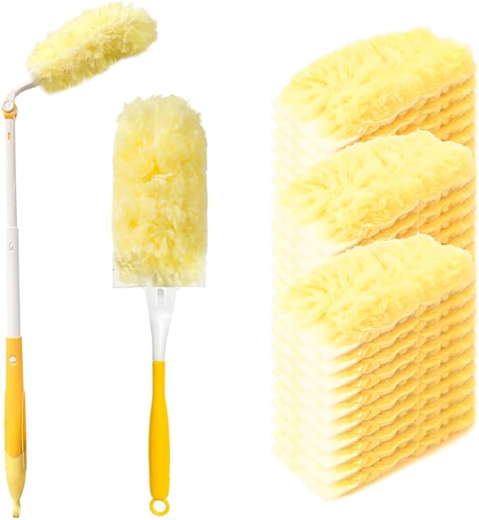 HomeBeyond Heavy Duty Duster Refills, 360° Efficient Duster Kit for Swiffer, 30 Pack & 3 ft Extension Pole, 5X Microfibers Multisurface Dusters for Cleaning Home, Celling Fan, Blinds, Vent & Shelves