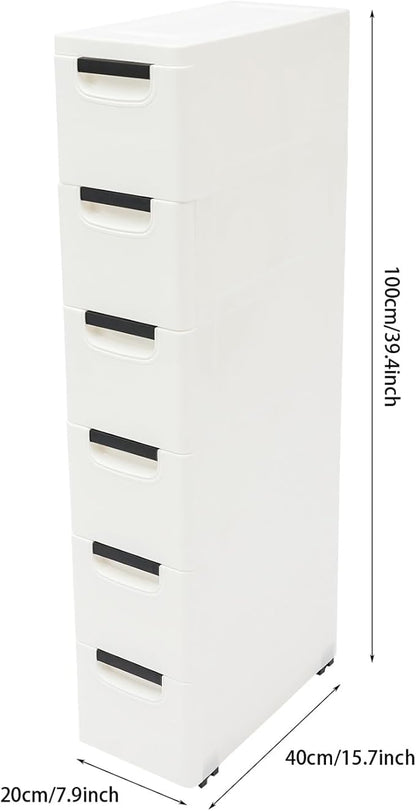 6 Drawers Narrow Slim Plastic Storage Cabinet,Storage Drawer with Wheels,6 Tier Drawers Dresser,Rolling Narrow Cabinet for Small Spaces Bathroom Kitchen Living Room,White