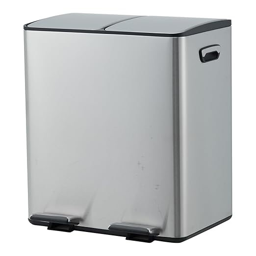 Dual 2 x 5.3 gal (2 x 20L) Stainless Steel Trash Can with Recycling Bin, Soft-Close Lid, Foldable Anti-Slip Step-on Pedal, Stainless Steel Handle, Removable Plastic Inner Buckets for Kitchen or Office