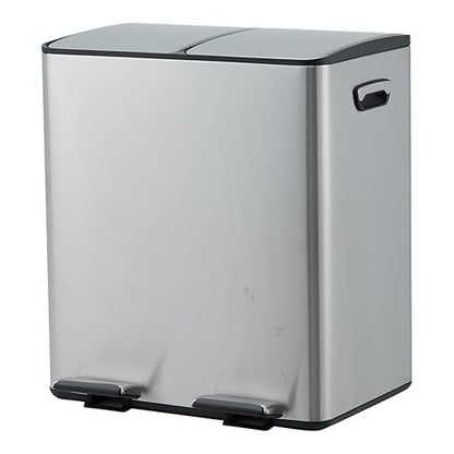 Dual 2 x 5.3 gal (2 x 20L) Stainless Steel Trash Can with Recycling Bin, Soft-Close Lid, Foldable Anti-Slip Step-on Pedal, Stainless Steel Handle, Removable Plastic Inner Buckets for Kitchen or Office