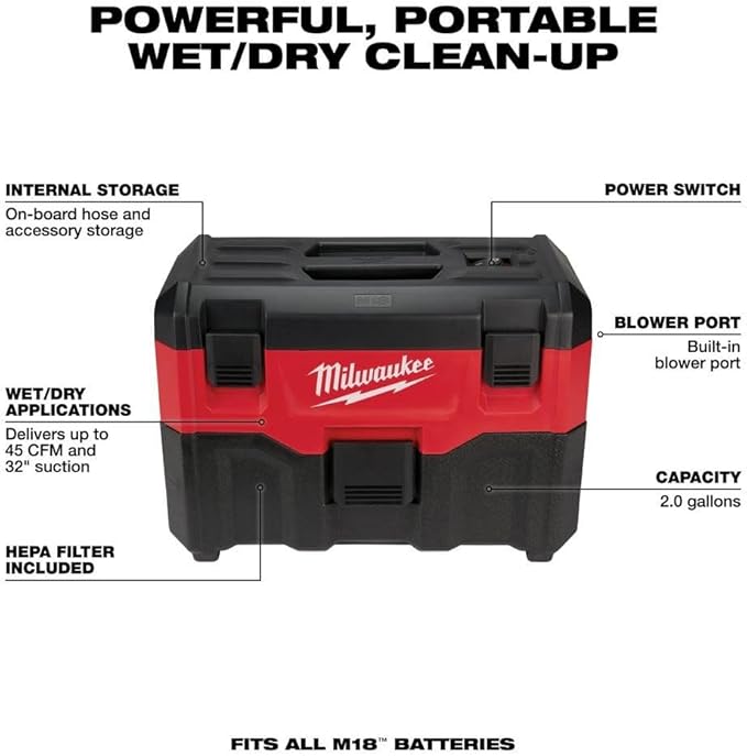 Milwaukee V M18 Vacuum Wet/Dry (Bare Tool) + TPT Premium cart storekid