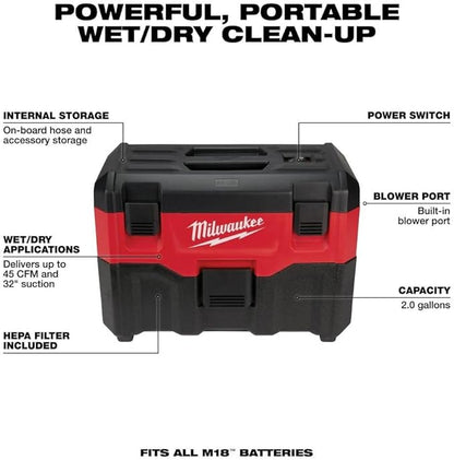 Milwaukee V M18 Vacuum Wet/Dry (Bare Tool) + TPT Premium cart storekid