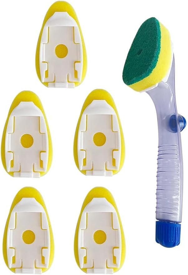 Dish Wand Soap Dispenser with 6 Refill Sponge Heads, Dish Brush Handle, Bottle Brush Scrubber, Heavy Duty, Leak Proof, Storage Clip