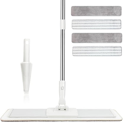 CQT Commercial Flat Microfiber Floor Mop Cleaning System 20" Wet Dry and Dust Hardwood with 4 Washable Pads Cleaner for Laminate Tile Stainless Steel Handle and Extension (PT15 New)