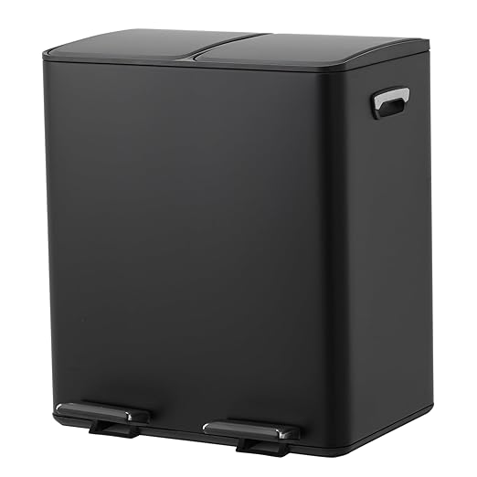 Garvee Dual Compartment Trash Can, 2 x 5.3 Gal (2 x 20L) Stainless Steel Recycling Bin with Anti-Slip Foldable Foot Pedal & Soft-Close Lid, Kitchen Garbage & Recycle Bin Combo - Black