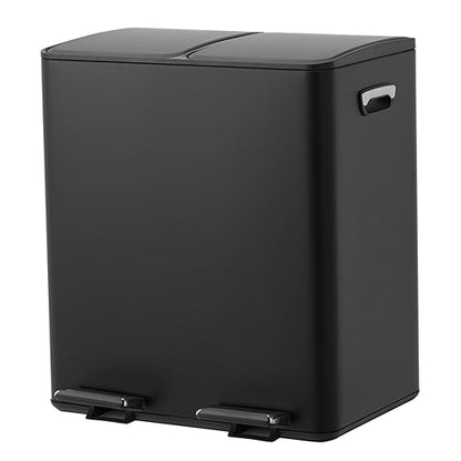 Dual 2 x 5.3 gal (2 x 20L) Stainless Steel Trash Can with Recycling Bin, Soft-Close Lid, Foldable Anti-Slip Step-on Pedal, Stainless Steel Handle, Removable Plastic Inner Buckets for Kitchen or Office