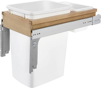 Rev-A-Shelf 35 Qt Top Mount Single Pullout Under Cabinet Kitchen Trash Cans for Base Cabinets, 150 Pound Rated Full-Extension Slides, Min Opening Width of 11.5", White, 4WCTM-12DM1-175