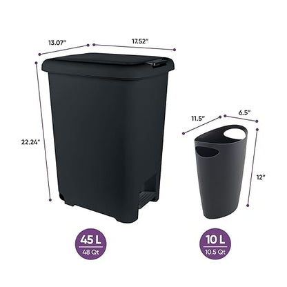 Superio 10L and 45L Slim Step & Push Trash Cans - 2 Pack, Dual Opening, Space-Saving Design, Durable Plastic - Black