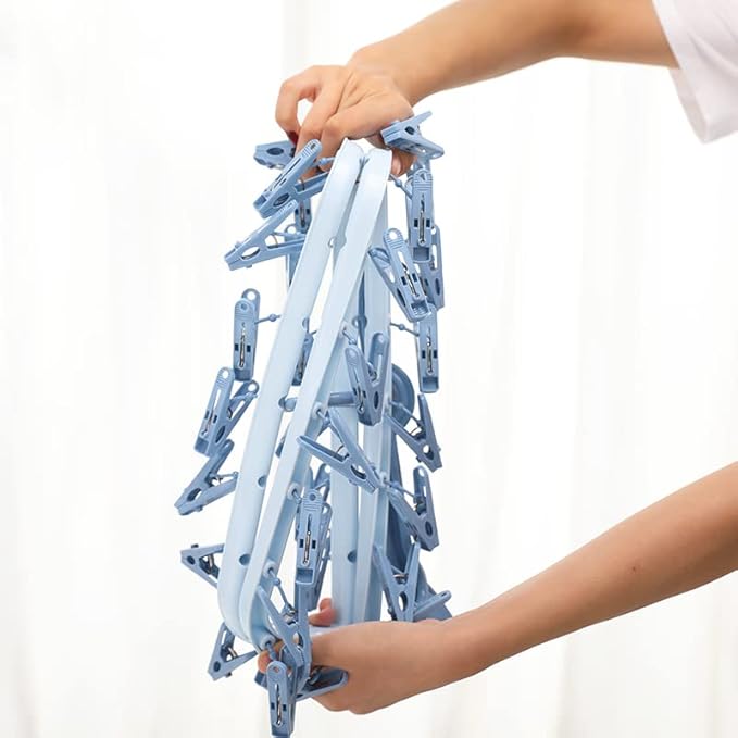 Foshine Clothes Drying Racks Foldable Clip Hangers Drip Hanger Plastic with 32 Drying Clips Wind-Proof Hook Underwear Hanger for Socks Bras (Blue)