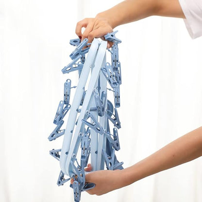 Foshine Clothes Drying Racks Foldable Clip Hangers Drip Hanger Plastic with 32 Drying Clips Wind-Proof Hook Underwear Hanger for Socks Bras (Blue)