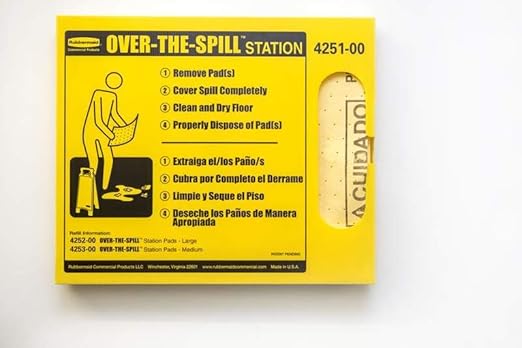 Rubbermaid Commercial Products Over the Spill Pad Station Kit Absorbent Mat Pads Yellow Large Fast at Absorbing Water/Oil/Beverages For Residential/Commercial/Restaurant/Office/Facility Use