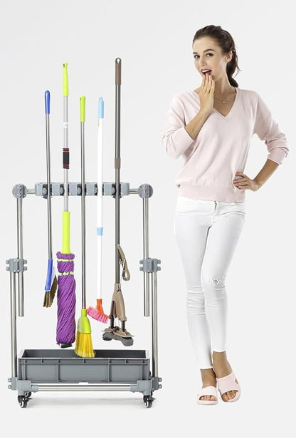 Broom and Mop Holder,Freestanding Mobile Cleaning Tool Storage Rack,Yard and Organizers,for Garden Garage Shed(5tow6hooks)