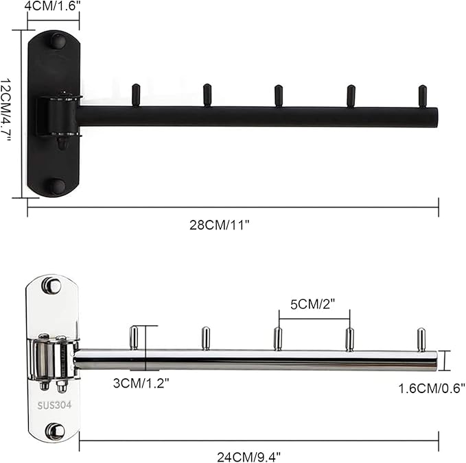 Folding Wall Mounted Clothes Hanger Rack with Swing Arm Stainless Steel Heavy Duty Coat Hook for Bathroom, Bedroom, Laundry Room - Black