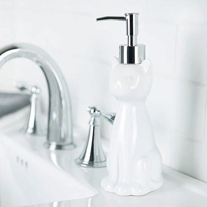 Allure Home Creation Cat 3-Piece White Ceramic Toilet Brush Holder w/White Plastic Handled Scrub Brush & Soap Dispenser