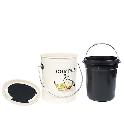 SOTECH Round Compost Bin Garbage Can for Kitchen Counter Garden Compost Can with lid Metal Shell Plastic Liner Trash Can Household Garbage Collection Kitchen Decoration Indoor Composter