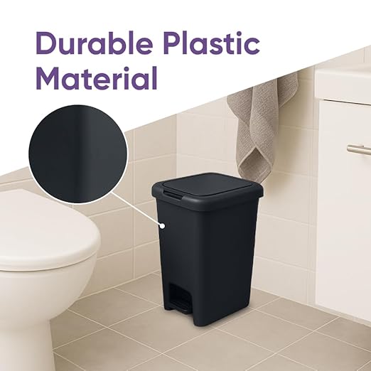 Superio 6.5L Slim Step & Push Trash Can - Dual Opening, Smooth Matte Finish, Durable Plastic (9.5"x7"x11.5") - Black