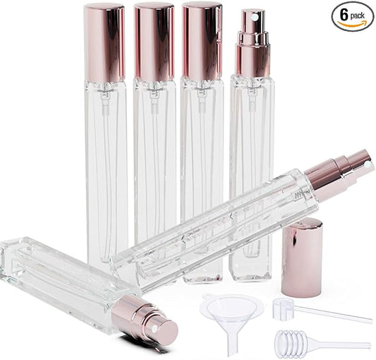 Mini Glass Spray Bottles, 10ml, 6 Pack, Fine Mist Refillable, Portable Travel Perfume Atomizers (Pink)