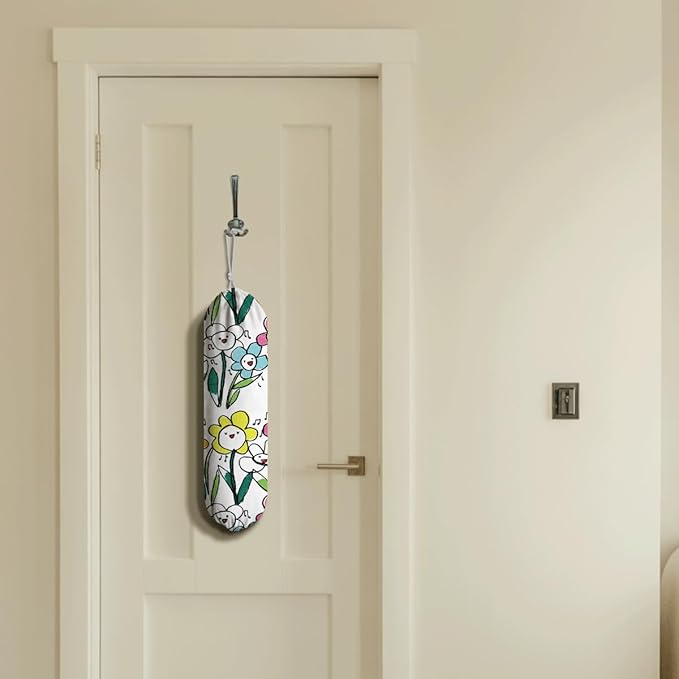 Flower Plastic Bag Holder, Reusable Washable Shopping Bags Storage Carrier, Cute Garbage Trash Bag Dispenser for Home Kitchen Pantry Cabinet, Wall Mount, Kitchen Housewarming Gifts