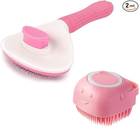 2 Piece Pink Dog Bath Supplies with Dog Brush and Shampoo Brush