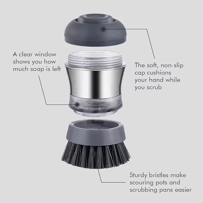 Stainless Steel Kitchen Soap Dispensing Dish Scrubber - Palm Brush for House Cleaning - Durable and Efficient Cleaning Tool (Pack of 1)