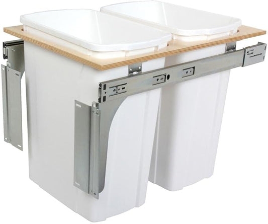 Knape & Vogt 35 Qt. Double Top Mount Pull Out Trash Can, in-Cabinet Kitchen Garbage, D Steel, 18 in. H x 15 in. W x 23 in., White