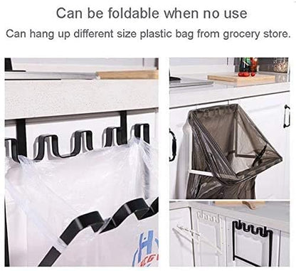 LANGUGU Stainless Steel Foldable Trash Rack Garbage Bag Holder Door Back Type Multi-Functional for Kitchen Hook Hang Dishcloth, Mounts Over Cabinet Doors Cupboards Frame