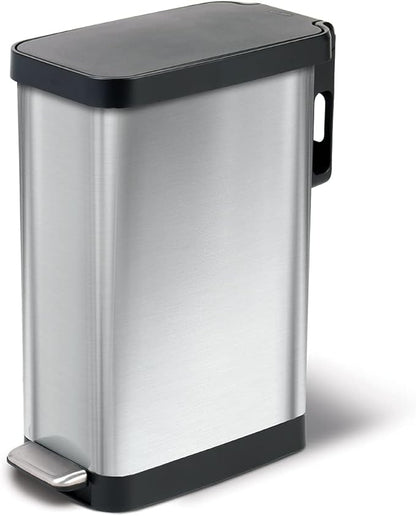 Glad Slim Trash Can with Clorox Odor Protection - Narrow Kitchen Garbage Bin with Soft Close Lid, Step On Foot Pedal and Waste Bag Roll Holder, Stainless Steel, 12 Gallon/45 Liter