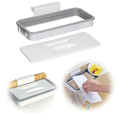 Portable Trash Bag Holder, Hanging Garbage Bag Holder,Over The Cabinet Plastic with Lid Kitchen Garbage Bags Storage Rack Trash Bin (1 pcs)