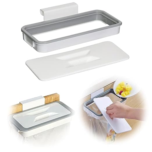 Portable Trash Bag Holder, Hanging Garbage Bag Holder,Over The Cabinet Plastic with Lid Kitchen Garbage Bags Storage Rack Trash Bin (1 pcs)