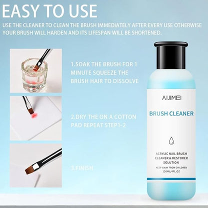 Nail Brush Cleaner 120ml Gel Solution for Preserving & Restoring Nail Art Brushes Includes Glass Cup & Cleaning Cotton Pads Effective Manicure Brush Cleaning For Home Nail Salons