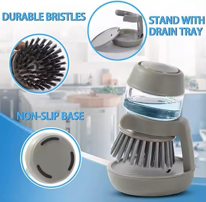 Soap Dispenser Palm Dish Brush with Storage Bracket – Drainage Base, Easy-to-Clean Kitchen Utensil Cleaner | Includes Extra Soft Bristle Brush Head (Gray)
